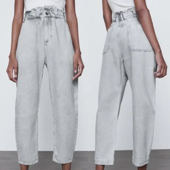 Zara Baggy Paperbag Elastic High Waist Light Grey Gray Denim Jeans Size 6 Ankle - Picture 2 of 16
